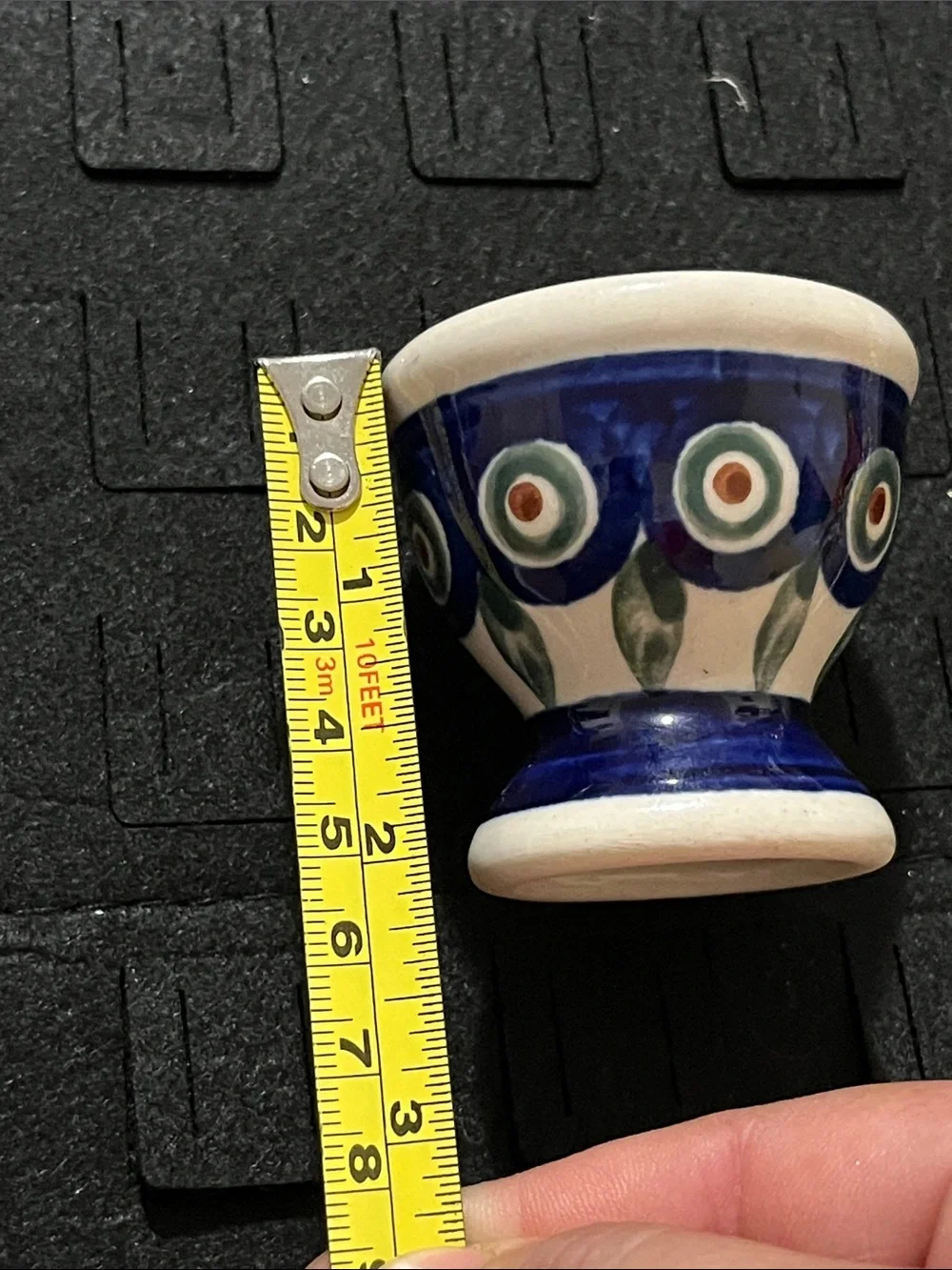 Vintage Ceramic Egg Cup with Blue, Green, Brown Floral Motif